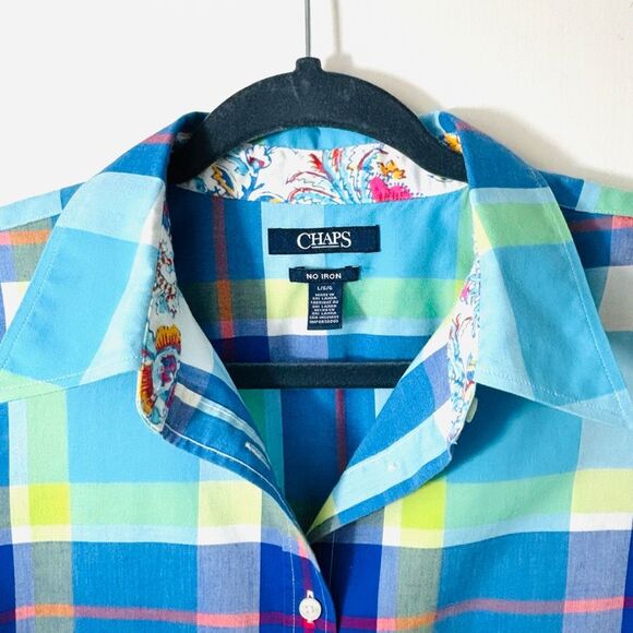 Chaps L No-Iron cotton plaid 3/4 sleeve paisley print cuffs button up shirt - Picture 4 of 13
